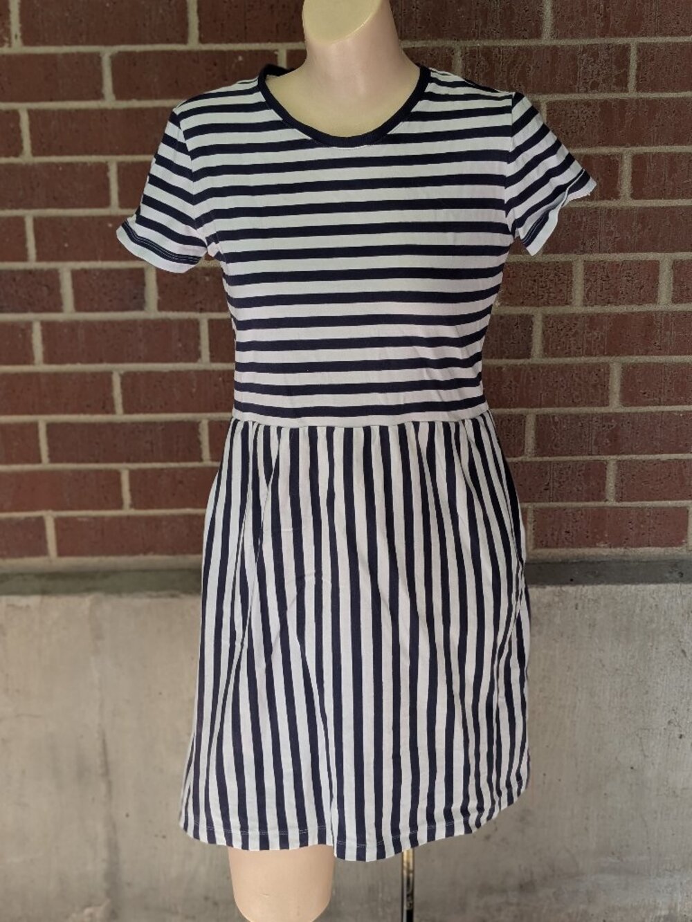 1901 Navy White Striped Fit & Flare Dress Cotton Nautical Women's Small Petite